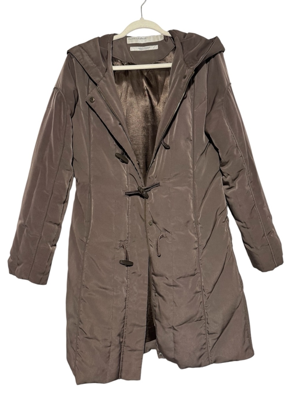 Perry Ellis Quolted Down Filled Parka Coat Women Size Small Green Brown Long